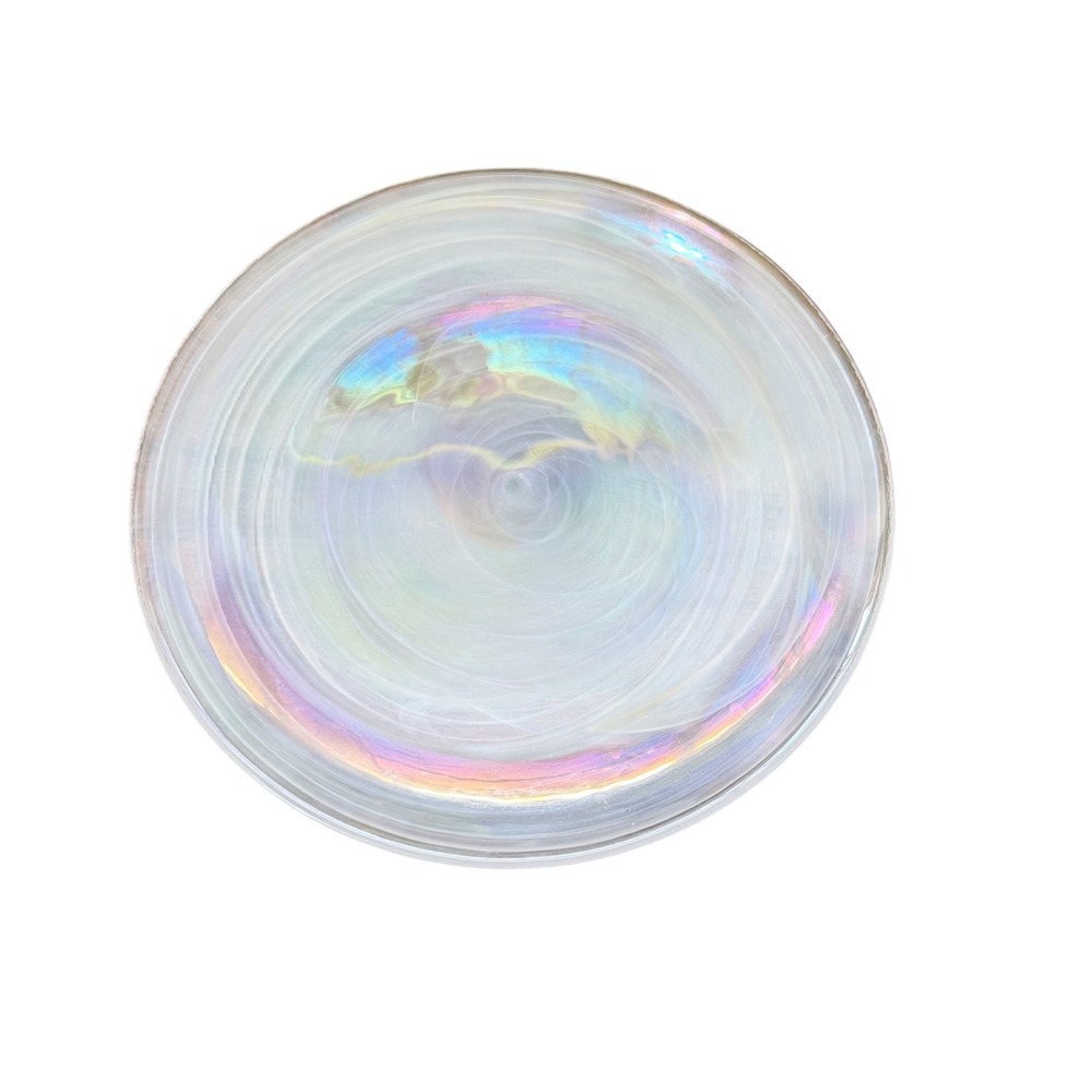 Vintage Iridescent Swirl Glass Plate Small White Pearlescent Art Glass 6.25in